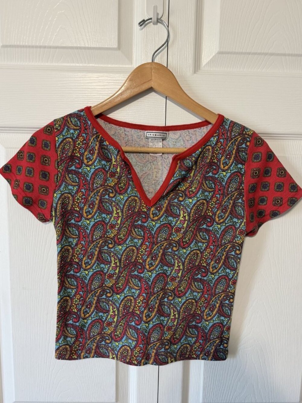 In Charge Paisley Print Top with Red Trim, Size L